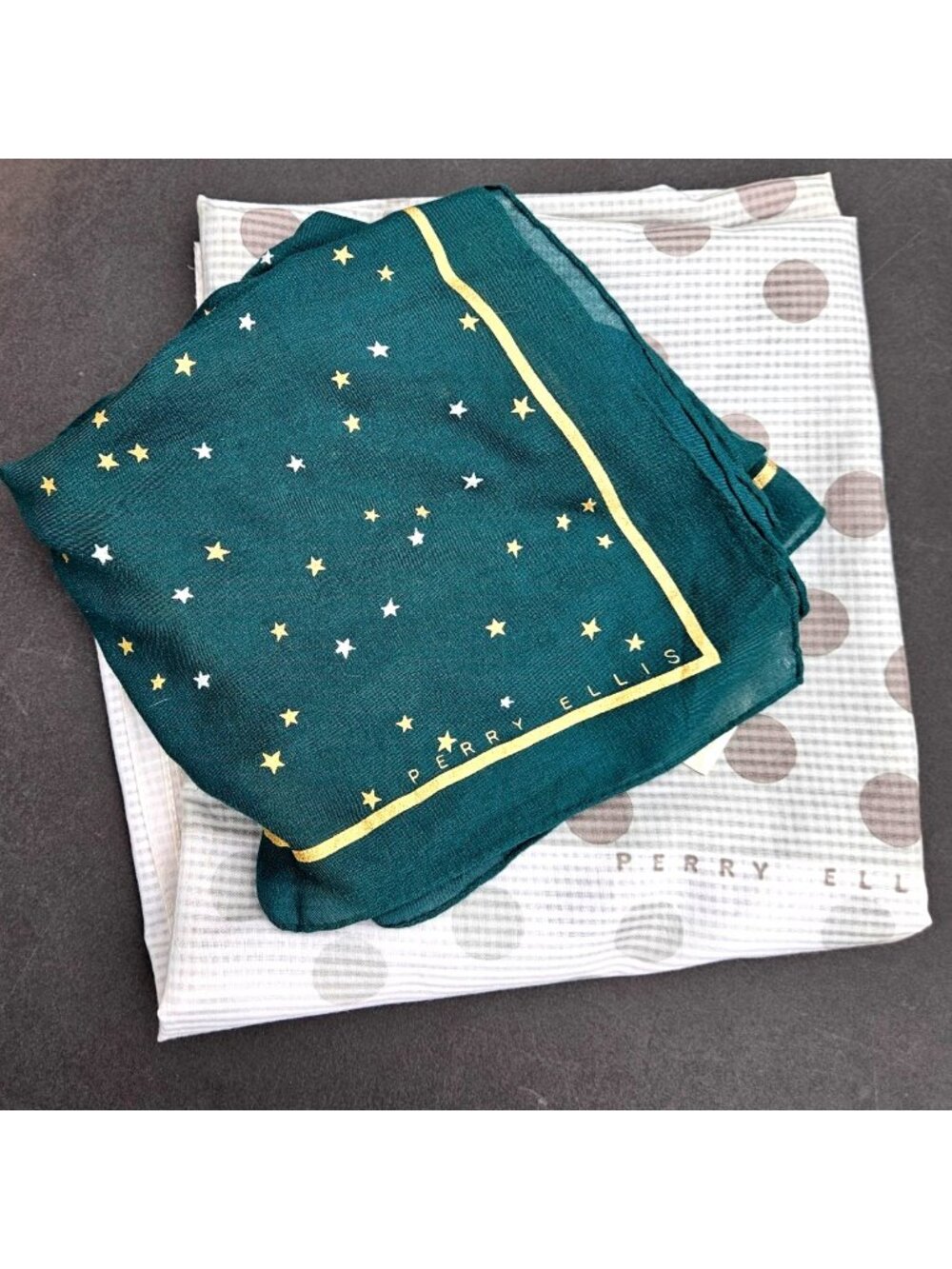 Vintage 80s Perry Ellis Set (2) Square Scarves Dot Print & Metallic Japan